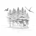 two pine trees on the right with a river on the left and two birds flying above it  tattoo design idea