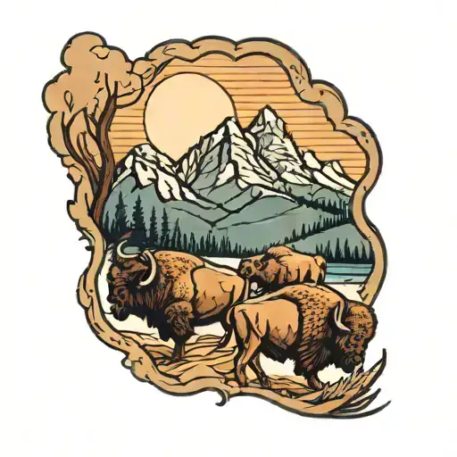 mountain range with 5 bison  tattoo design idea