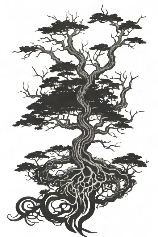 Tree of life, long trunk, roots reaching deep tattoo design idea