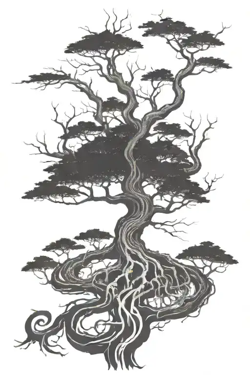 Tree of life, long trunk, roots reaching deep tattoo design idea