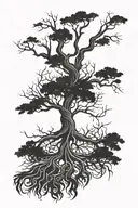 Tree of life, long trunk, roots reaching deep tattoo design idea