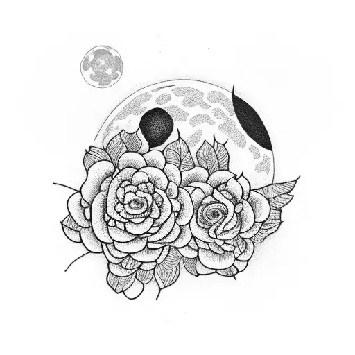 A dotwork tattoo of a bouquet of Higanbana flowers with a large full moon in the background tattoo design idea