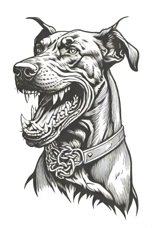 angry Doberman with a grin tattoo design idea