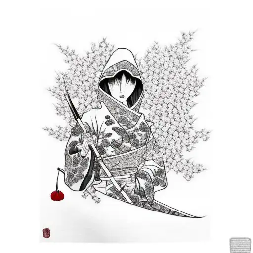 a hooded female assassin with cherry blossom around her tattoo design idea