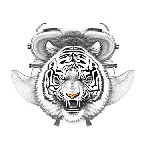 tiger wearing samurai helmet with rat sitting on tigers head tattoo design idea