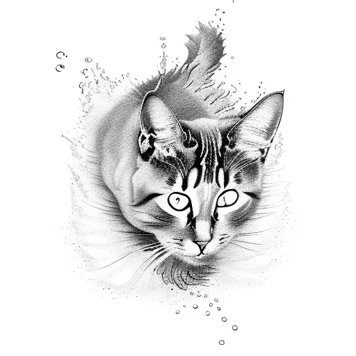 A cat diving into a pool of water, creating colorful ripples with each splash tattoo design idea