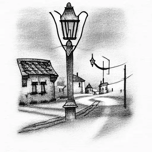 a street light on the edge of a village facing fields in the night tattoo design idea