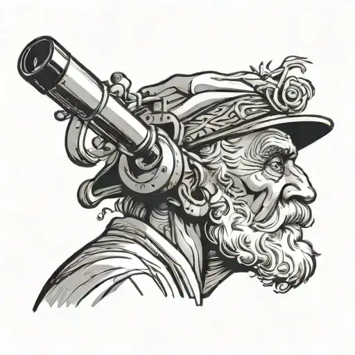 grissly old man looks through telescope at head   tattoo design idea