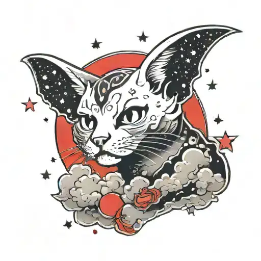 cat, stars, bat, clouds, black, red, fire,  tattoo design idea