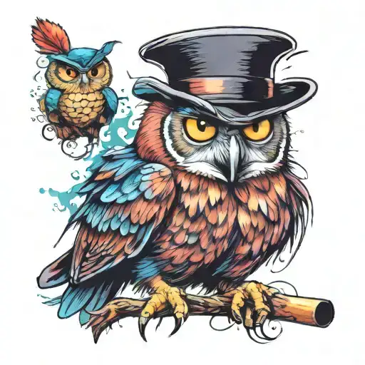An angry owl with a fedora and cigar, looking like a mafia boss, colorful tattoo design idea