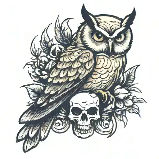 angry owl perched on skull tattoo design idea
