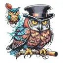 An angry owl with a fedora and cigar, looking like a mafia boss, colorful tattoo design idea