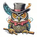 An angry owl with a fedora and cigar, looking like a mafia boss, colorful tattoo design idea