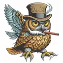 An angry owl with a fedora and cigar, looking like a mafia boss, colorful tattoo design idea