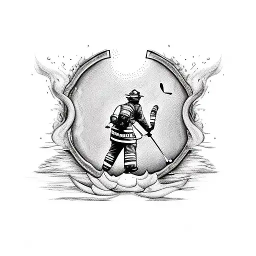 A detailed blackwork tattoo of a firefighter battling flames in a nature setting, with a subtle golf ball hidden in the design tattoo design idea