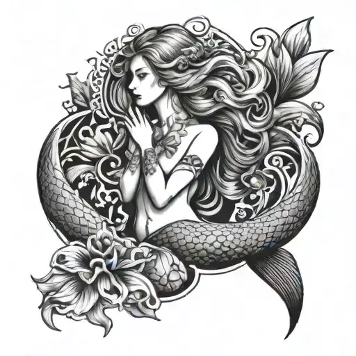 A mermaid with open Hairs and two shells on the chest with open hands tattoo design idea