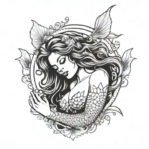 A mermaid with open Hairs and two shells on the chest with open hands tattoo design idea