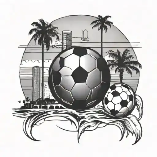 A palm beach sunset with a football floating in the sky and a subtle outline of Newcastle skyline tattoo design idea