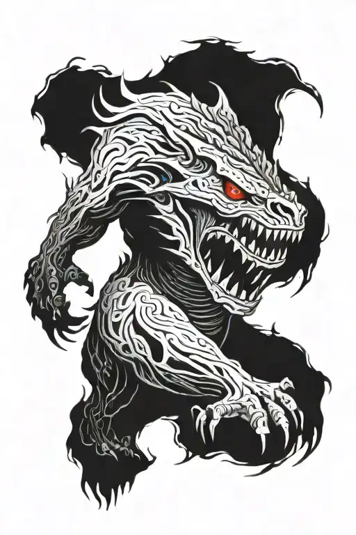 A monstrous, red creature emerges from a dark cave. Its glowing eyes and sharp teeth suggest a threat. A small human fig tattoo design idea