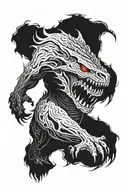 A monstrous, red creature emerges from a dark cave. Its glowing eyes and sharp teeth suggest a threat. A small human fig tattoo design idea