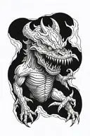 A monstrous, red creature emerges from a dark cave. Its glowing eyes and sharp teeth suggest a threat. A small human fig tattoo design idea