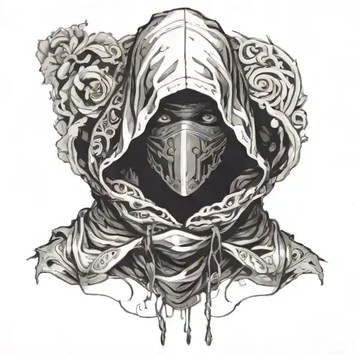 a monochromatic artwork featuring a figure with an obscured face, wearing a hooded garment with flowing fabric. Surround tattoo design idea