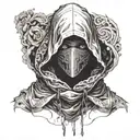 a monochromatic artwork featuring a figure with an obscured face, wearing a hooded garment with flowing fabric. Surround tattoo design idea