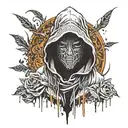 a monochromatic artwork featuring a figure with an obscured face, wearing a hooded garment with flowing fabric. Surround tattoo design idea