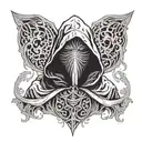 a monochromatic artwork featuring a figure with an obscured face, wearing a hooded garment with flowing fabric. Surround tattoo design idea