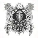 a monochromatic artwork featuring a figure with an obscured face, wearing a hooded garment with flowing fabric. Surround tattoo design idea