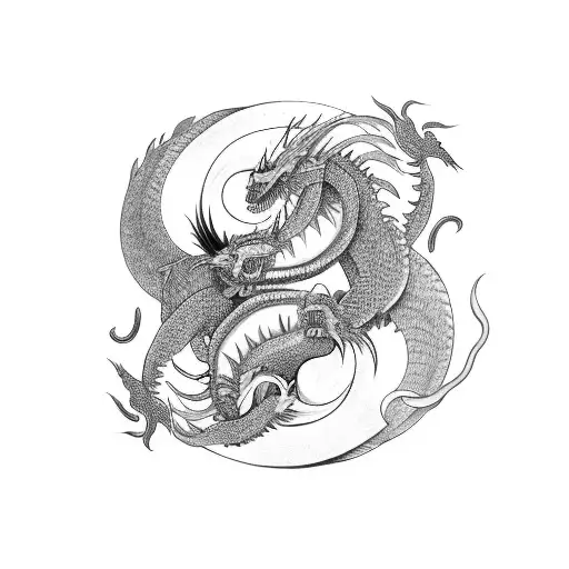 YIng and Yang out of Dragons arm sleeve thin fine line  tattoo design idea