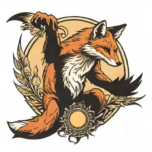 Fox with sun in hands reaching towards the sky grabbing tattoo design idea