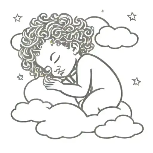 black curly hair cherub sleeping on a cloud  tattoo design idea