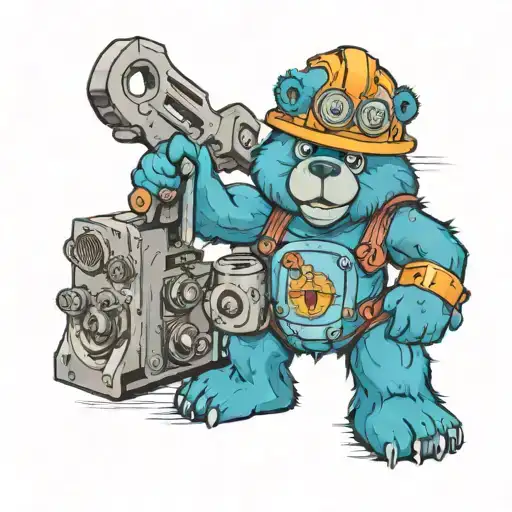 A care bear wearing a hard hat and holding a wrench, surrounded by computer circuitry tattoo design idea