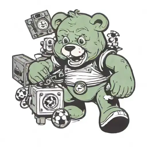 A grumpy carebear playing soccer with kids, surrounded by computer parts tattoo design idea