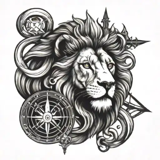 lion head and compass and cross intertwined tattoo design idea