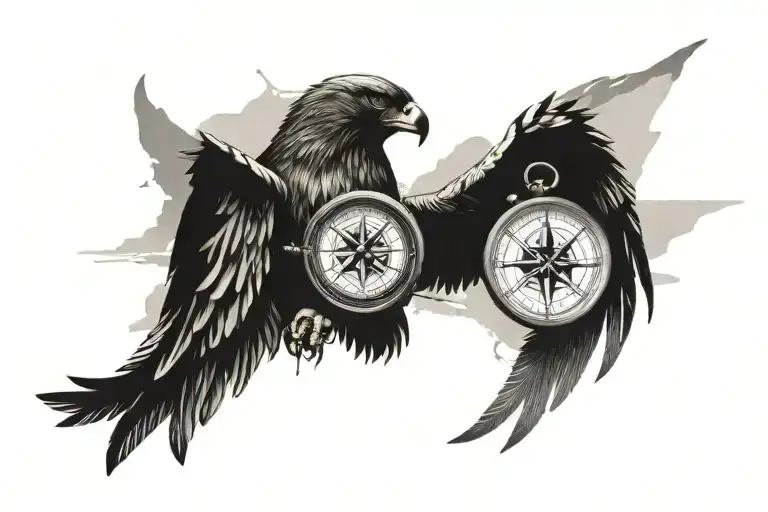 hawk sitting, maps, compass, sky background tattoo design idea