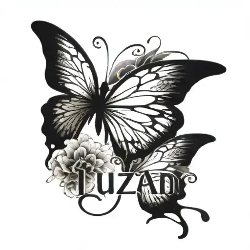 Luzan name written with two butterfly's wings vivid tattoo design idea