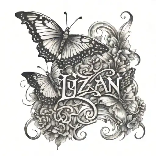 Luzan name written with two butterfly's and a god drawing  tattoo design idea
