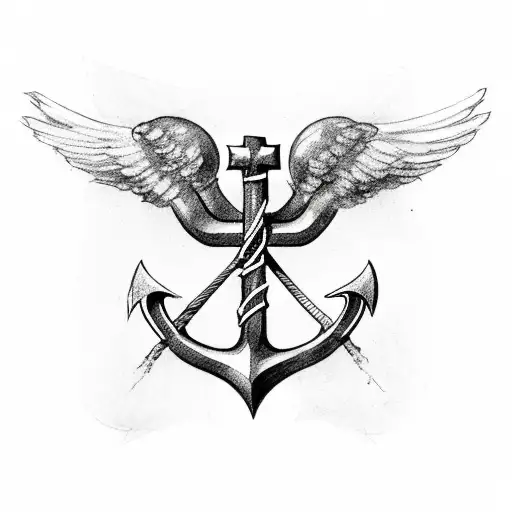 cross with wings, anchor at the bottom and arrow at the top tattoo design idea