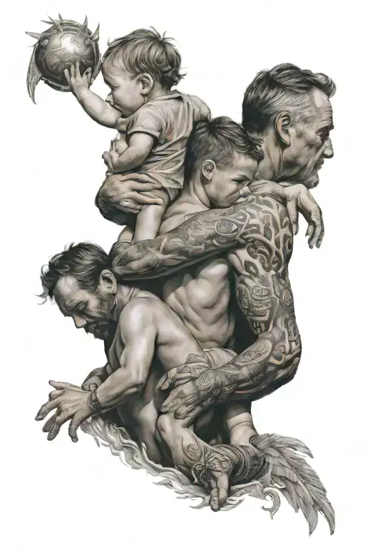 Dad holding son on shoulders, both shown from back. Two Siren's, one holding sun in hands and other one holding crown tattoo design idea