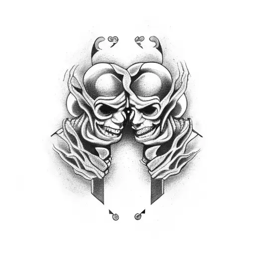 two faces facing opposite and four arms tattoo design idea