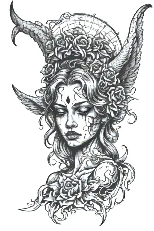 An angel with evil horns and crying blood tattoo design idea