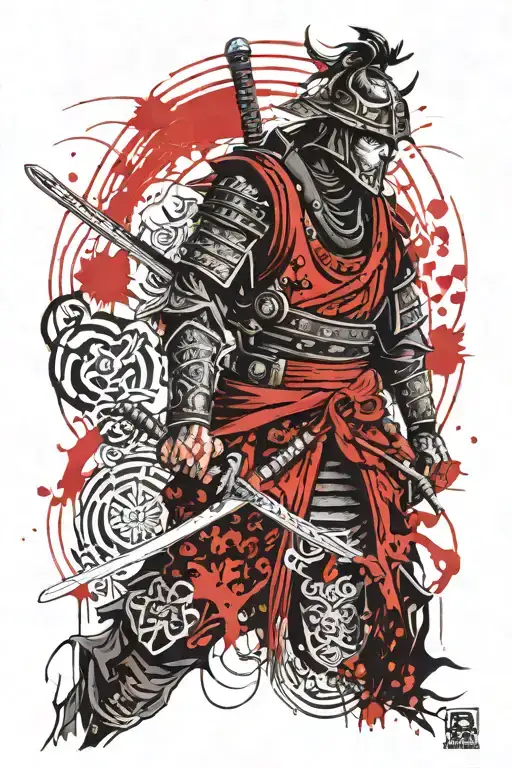A samurai warrior standing tall in a serene forest setting, with intricate armor and a katana drawn, symbolizing strength and honor tattoo design idea