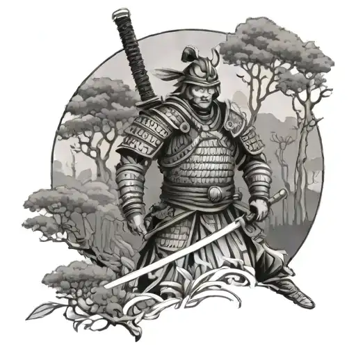 A samurai warrior standing tall in a serene forest setting, with intricate armor and a katana drawn, symbolizing strength and honor tattoo design idea