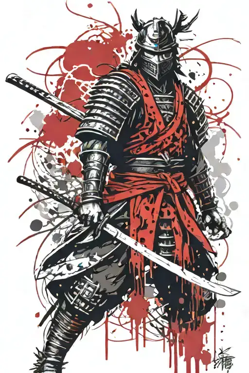 A samurai warrior standing tall in a serene forest setting, with intricate armor and a katana drawn, symbolizing strength and honor tattoo design idea
