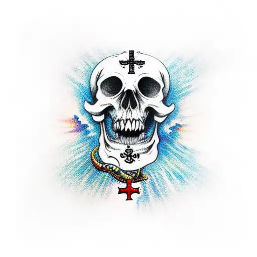 right arm sleeve with scull at base and Christian cross in eye going up to bright reef with aquatic animals  tattoo design idea