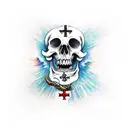 right arm sleeve with scull at base and Christian cross in eye going up to bright reef with aquatic animals  tattoo design idea
