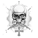 right arm sleeve with scull at base and Christian cross in eye going up to bright reef with aquatic animals  tattoo design idea