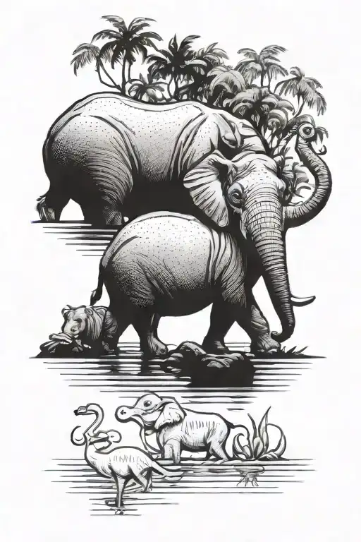 hippopotamus with elephant and flamingos tattoo design idea